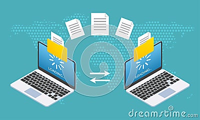 File transfer concept. Two Laptop computers with folders send and upload documents. File copy, data or information exchange design Vector Illustration